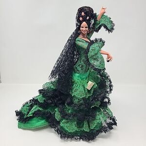 Vintage Spain Marin Chiclana Lola Montes Flamenco Dancer Green Lace Doll 13”